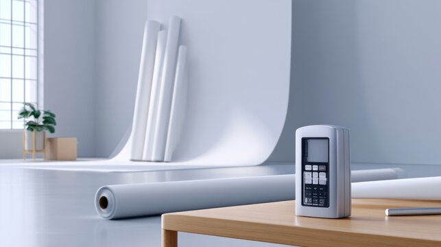 White remote controller on wood table with modern minimalistic creative studio