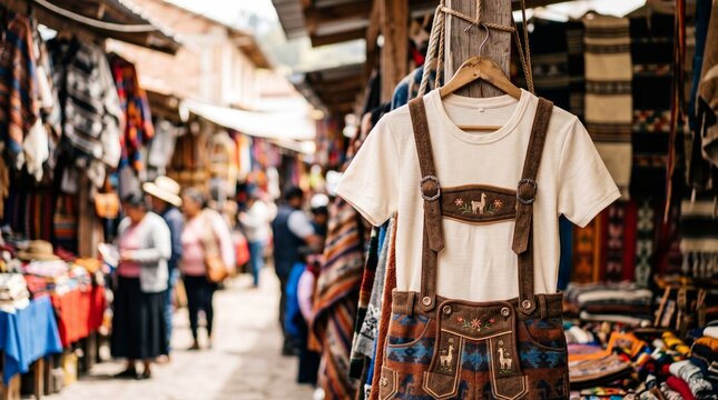 Traditional Andean overalls with llama embroidery displayed for sale at a colorful outdoor artisan market