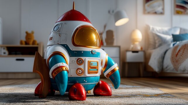 Colorful retro style rocket toy standing on carpet in bright modern children's room