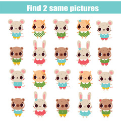 Fototapeta premium Children educational game. Find two same pictures of cute animals. Activity fun page for toddlers and babies