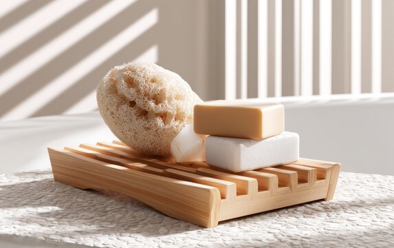 Natural wooden soap holder with handmade soap bars and bath sponge
