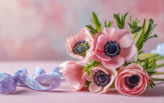 Delicate pink anemone flower bouquet with green leaves and purple ribbon decoration