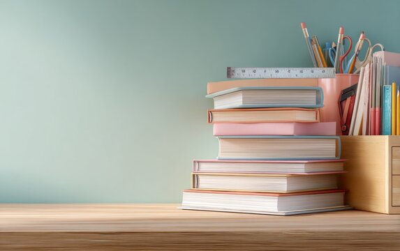Stack of colorful hardcover book with stationery in wooden organizer on desk