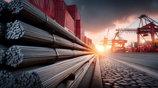 Industrial steel rod storage at shipping port with sunset and crane