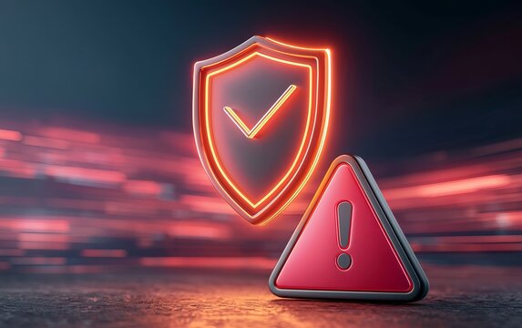 Glowing Shield with Checkmark and Red Warning Triangle Symbol on Dark Background