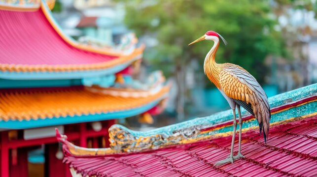Elegant bird standing on vibrant red roof of traditional Asian temple with colorful details