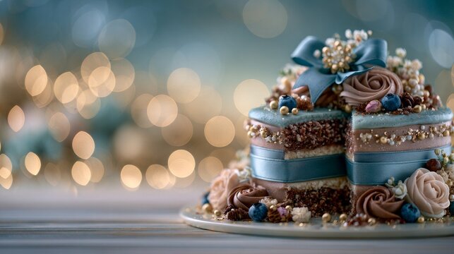 Elegant birthday cake with blue ribbon and decorative cream flowers on plate