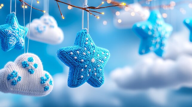 Blue knitted star and cloud ornaments hanging from branch with soft sky background