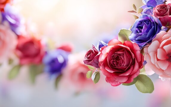Close up of colorful delicate rose flower bouquet with soft natural light