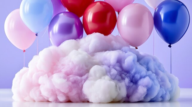 Colorful helium balloon group floating above soft fluffy cloud on pastel background