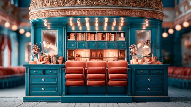 Elegant vintage style blue bar with red leather stools and warm lighting design