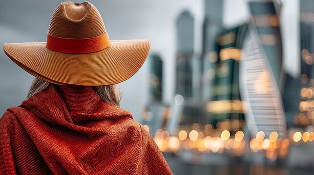 Woman in orange hat and shawl looking at illuminated twisted modern tower at night
