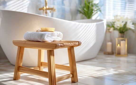 Wooden stool with brush and towel in bright cozy bathroom with white bathtub