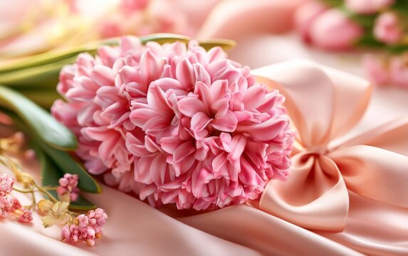 Close-up of single pink flower on soft fabric with satin ribbon and decoration