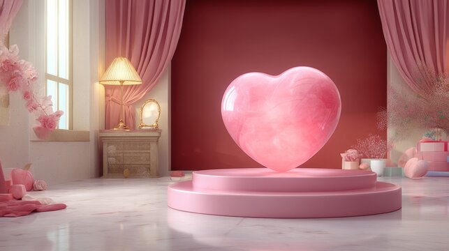Romantic pink heart display on pedestal with cozy interior and soft lighting
