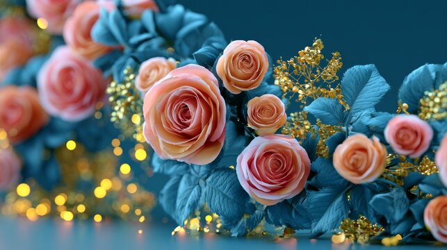 Soft delicate peach rose bloom with blue leaves and glowing golden lights