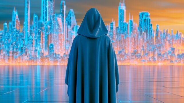 Hooded figure in dark cloak overlooking glowing futuristic city skyline at dusk