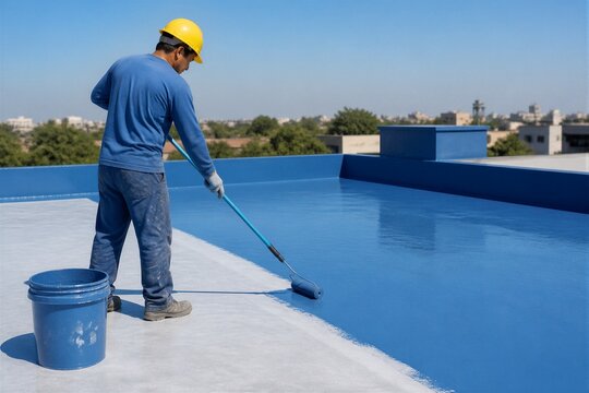 Construction worker applying blue roof coating on flat rooftop