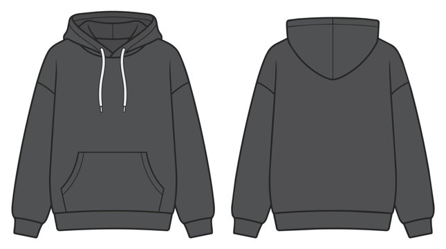 Blank Charcoal Grey Hoodie Mockup Front and Back View Template Flat Fashion Sketch for Apparel Design Illustration