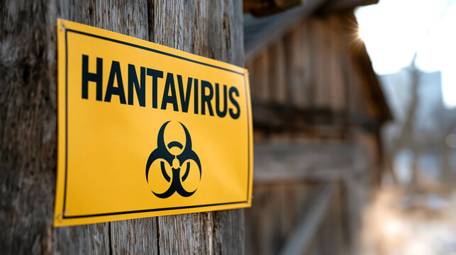 Yellow warning sign with text HANTAVIRUS and biohazard symbol mounted on a rustic wooden wall of an abandoned barn. Biological hazard and virus infection danger concept