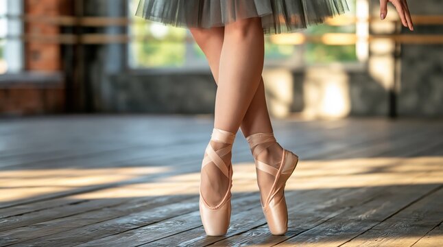 Ballerina feet in pink pointe shoes on wooden floor in dance studio