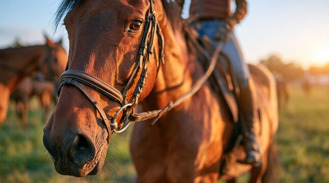Brown horse head with bridle and rider in field at sunset