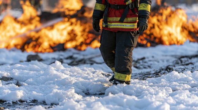 Firefighter in protective gear standing on firefighting foam with fire in background