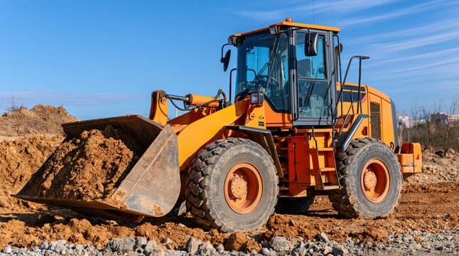Orange wheel loader carrying heap of earth on construction site