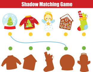Naklejka premium Shadow matching game for children. Find Silhouette Christmas and New year theme playing page for toddlers and kids