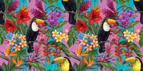 Naklejka premium Seamless vector pattern with toucans and colorful tropical flowers isolated on a changeable background.