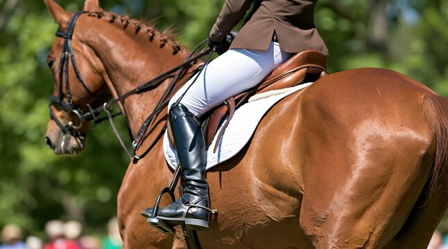 Equestrian rider on chestnut horse in outdoor competition