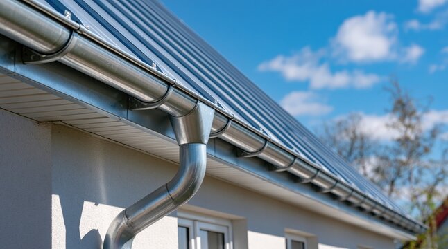 Close up of galvanized steel gutter and downspout on modern house roof