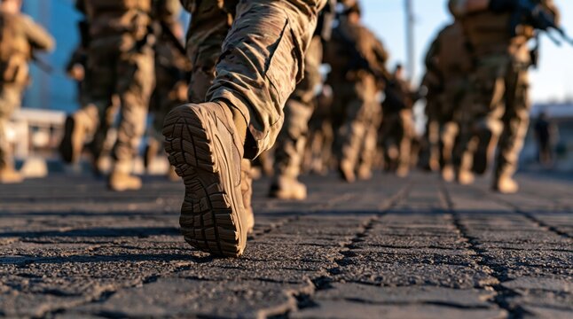 Low angle view of soldiers marching in camouflage uniform on pavement at sunset
