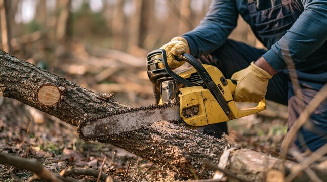 Worker using yellow chainsaw to cut fallen log in forest