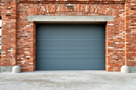 A grey roller shutter garage door integrated into a textured red brick building facade, with concrete lintel above and a paved sidewalk in the foreground