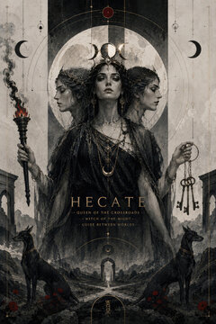 Hecate Triple Goddess of Crossroads with Torches, Keys and Black Dogs