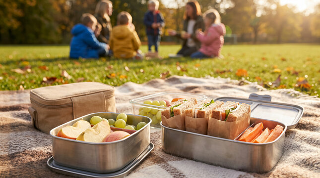 Reusable lunch boxes filled with sandwiches and fruits at a picnic  