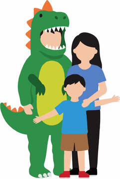 Family wearing dinosaur costume at party vector illustration with mother, child, and green T-Rex suit character in flat cartoon style for festive celebration themes
