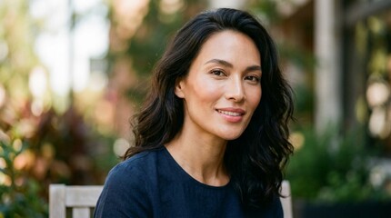 Fototapeta premium Close-up portrait of elegant woman with angular features and glowing skin, soft natural outdoor lighting, lush blurred garden background, warm bokeh, serene confident expression