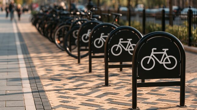 Row of bicycle parking racks with white icons on urban sidewalk