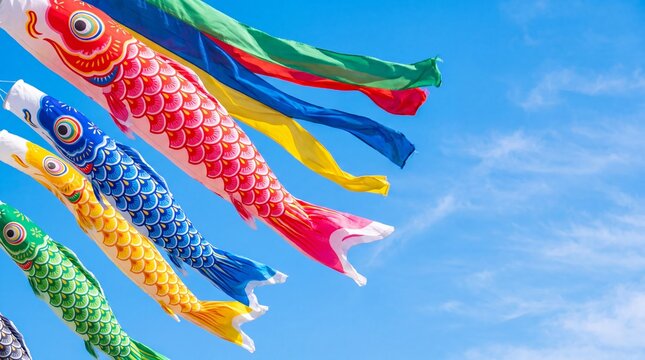 Colorful carp streamers koinobori waving on blue sky. Traditional Japanese fish flags for children day celebration. Japan culture festival and spring holiday decoration concept.