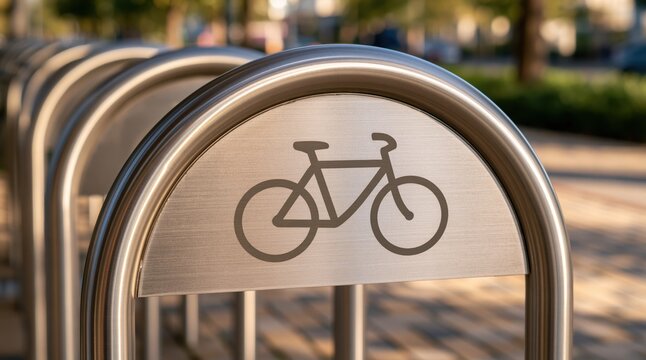 Metal bicycle parking rack with bike icon in city street