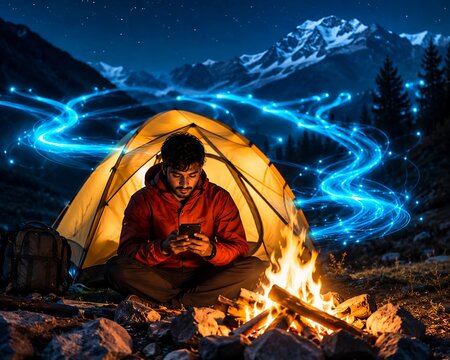 Futuristic digital nomad camping at night, glowing blue data streams around mountain tent, man using smartphone by campfire