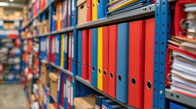 Colorful ring binders on metal shelves in archive storage room