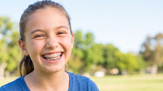 Happy girl with dental braces smiling in park. Child showing healthy teeth with orthodontic braces. Pediatric dentistry and orthodontic treatment concept for kid dental care.