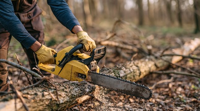 Lumberjack cutting fallen tree trunk with yellow chainsaw in forest