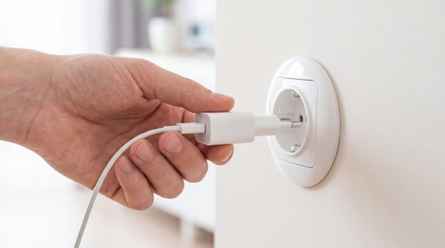 Male hand plugging phone charger into wall power outlet at home. Charging smartphone with cable and adapter. Electricity, energy saving and modern technology in everyday life concept.
