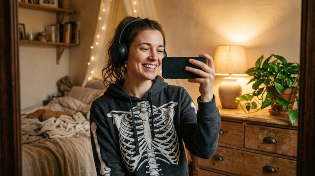Smiling young woman wearing black skeleton hoodie and headphones takes playful mirror selfie with plain smartphone in cozy warmly lit bedroom with string lights, wooden dresser, lamp, and green