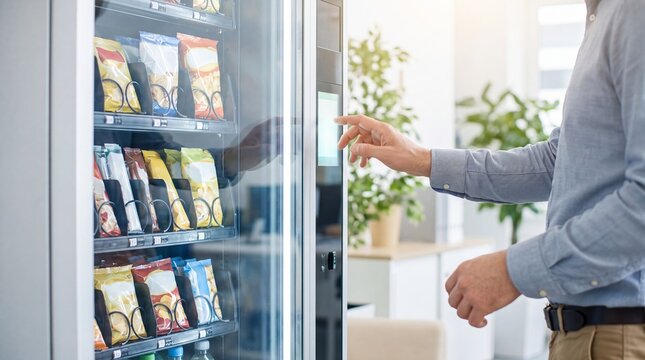 Man buying snack from vending machine with touchscreen. Male hand choosing food and drinks in office break room. Self service technology, convenient snack retail and modern workplace concept.