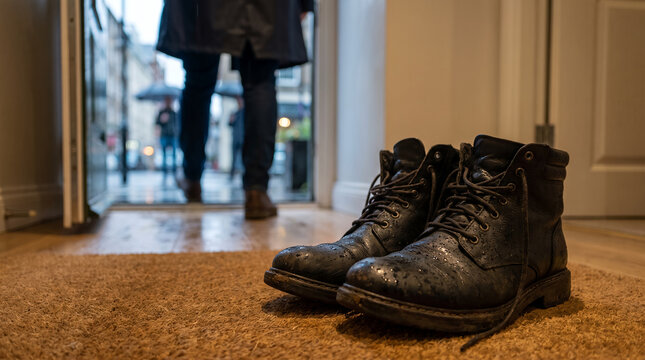 Black boots on a hallway mat with a person entering the house  